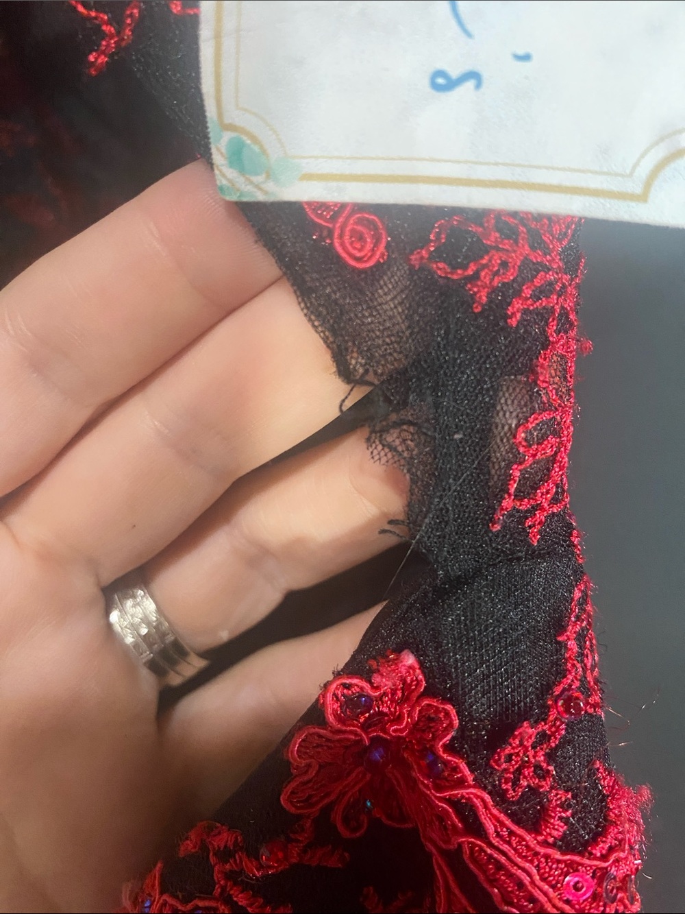 Red Floral Lace Maxi Dress with Black Sheer Base - Picture 5 of 6